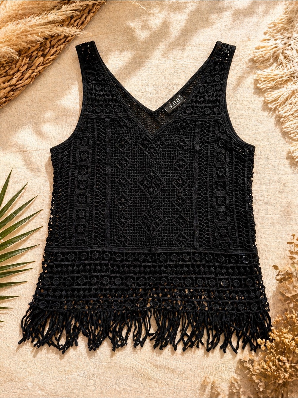 a.n.a Black Crochet Fringe V-Neck Tank
